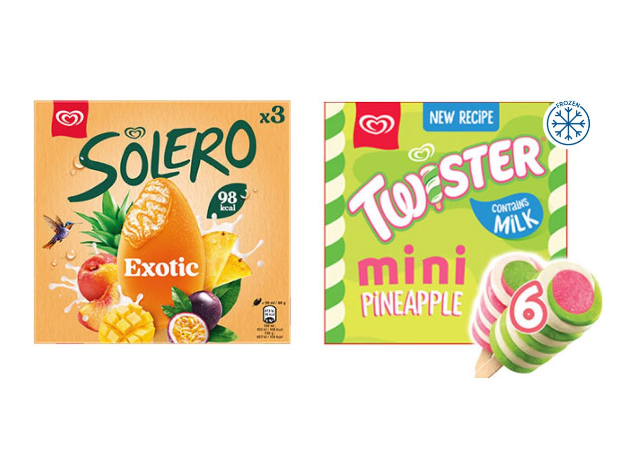 Two ice cream boxes: one for exotic fruit popsicles (98 kcal) and another for mini pineapple swirl ice creams (contains milk, 6-pack).
