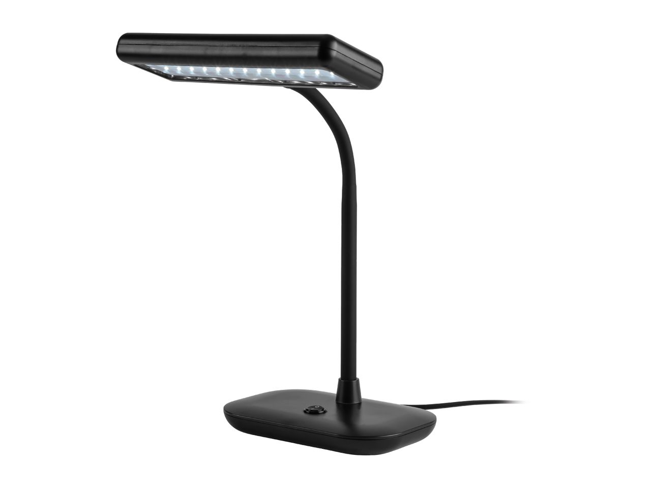 Black LED desk lamp with a flexible neck and rectangular head