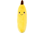 Yellow banana plush toy with a smiling face and pink cheeks.