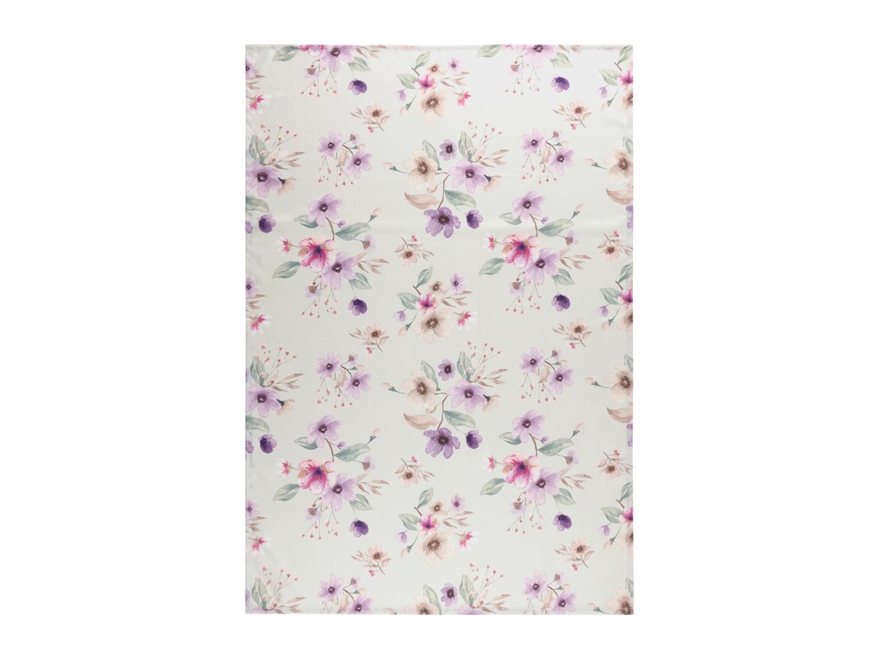 Floral patterned tea towel with purple and pink watercolor flowers on a light background.