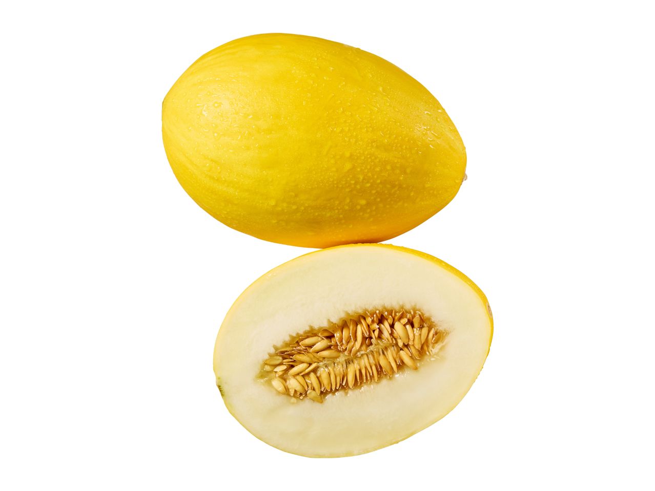 Whole and halved yellow canary melon with seeds