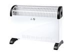 White electric convection heater with black handles and feet
