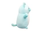 Light blue cat plush toy with a white belly, facing right, on a white background.
