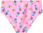 Parte de baixo de biquíni rosa com estampado das personagens Bluey e Bingo.
