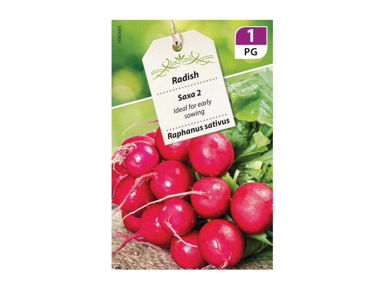 Radish Saxa 2 seeds, ideal for early sowing, with a tag showing '1 PG'.