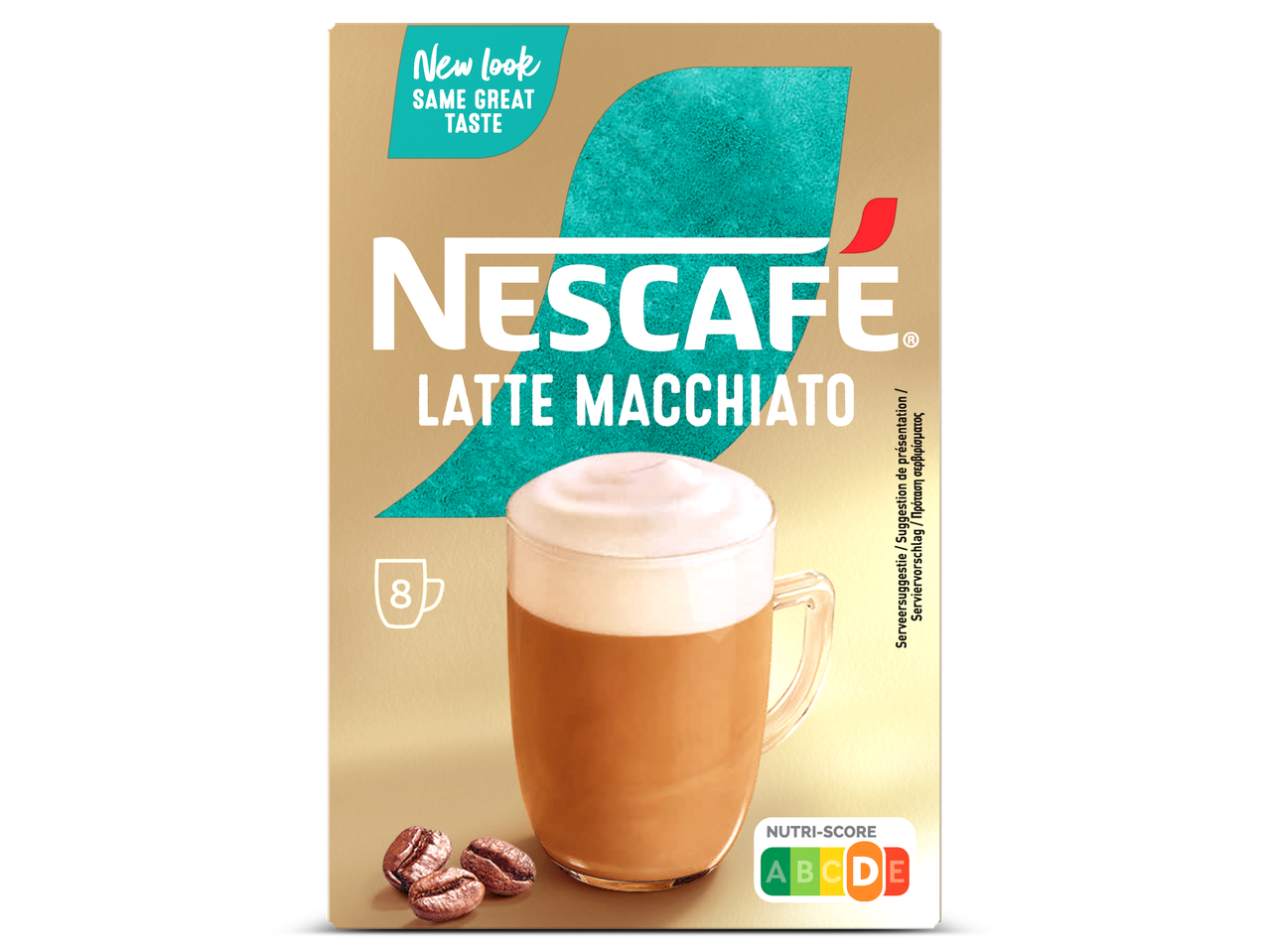 Nescafé Latte Macchiato doos met een nieuwe look, met een glas latte en koffiebonen.