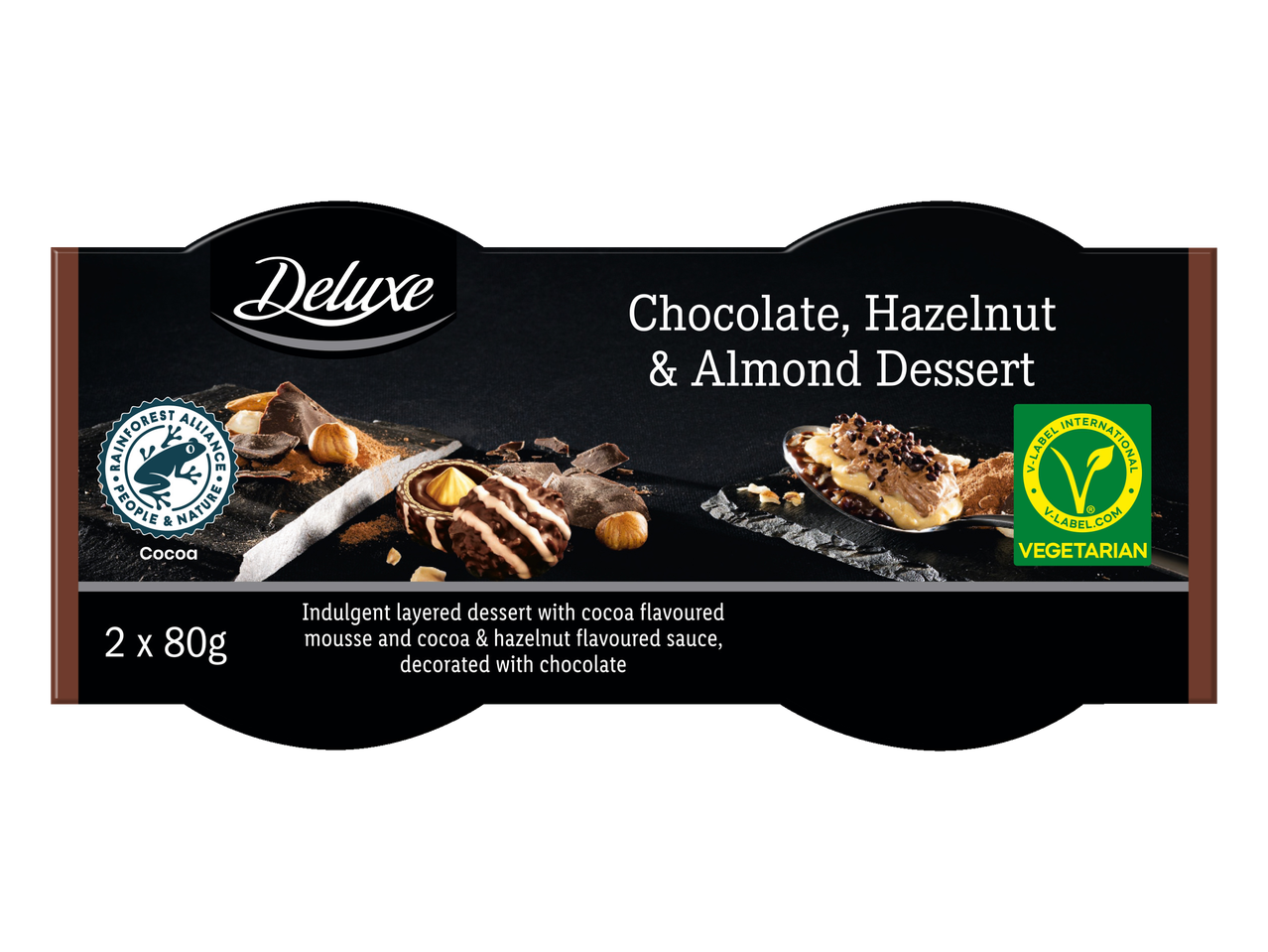 Deluxe Chocolate, Hazelnut & Almond Dessert, 2 x 80g, Vegetarian, Rainforest Alliance certified.
