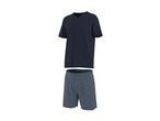 Men's navy blue V-neck t-shirt and striped boxer shorts.