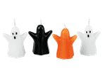 Négy darab szellem alakú, fehér, fekete és narancssárga halloweeni gyertya.