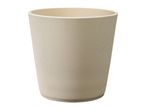 A beige, textured plant pot with a slightly tapered shape.