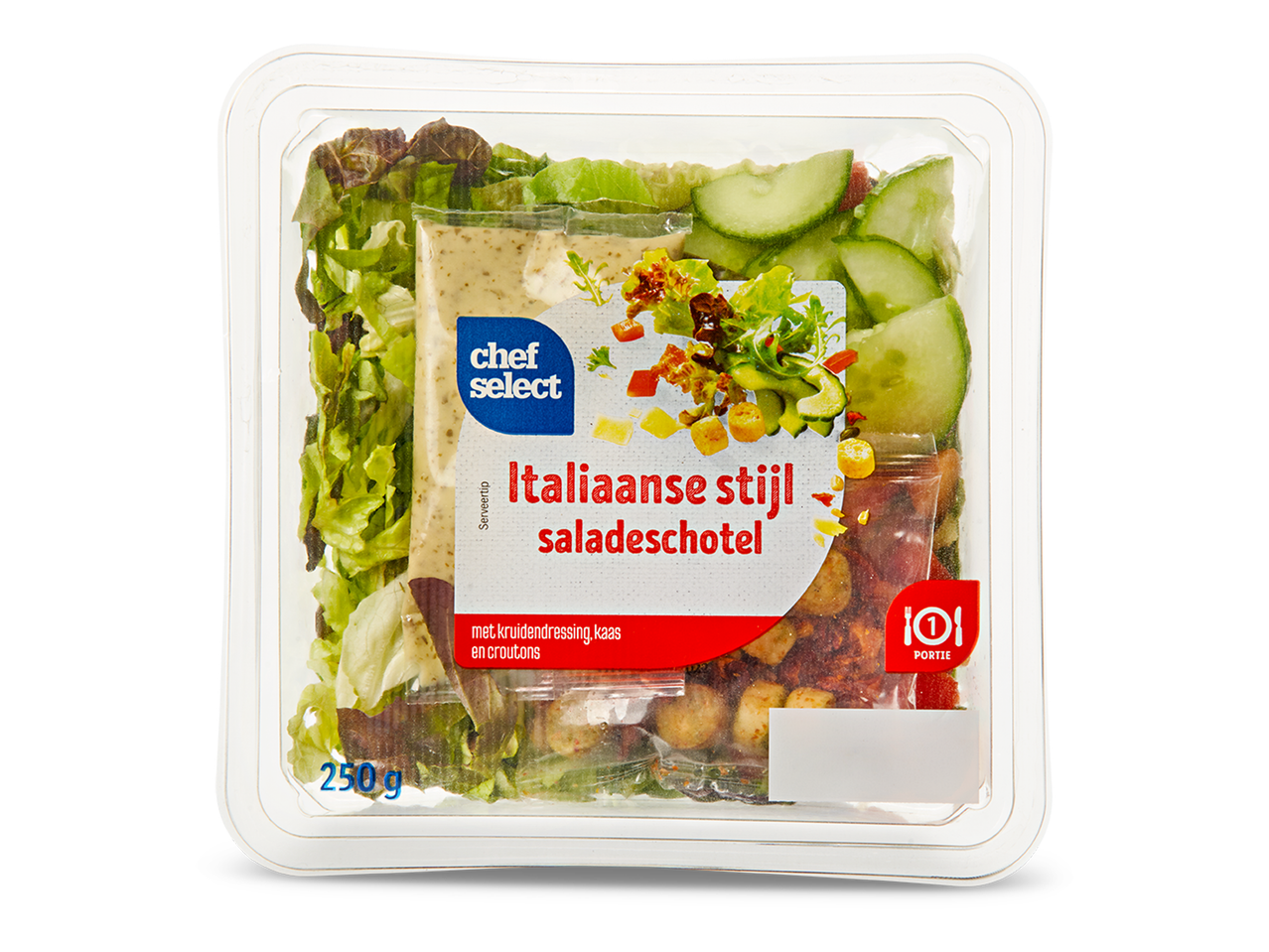 Italiaanse saladeschotel met kruidendressing, kaas en croutons, 250g, 1 portie.