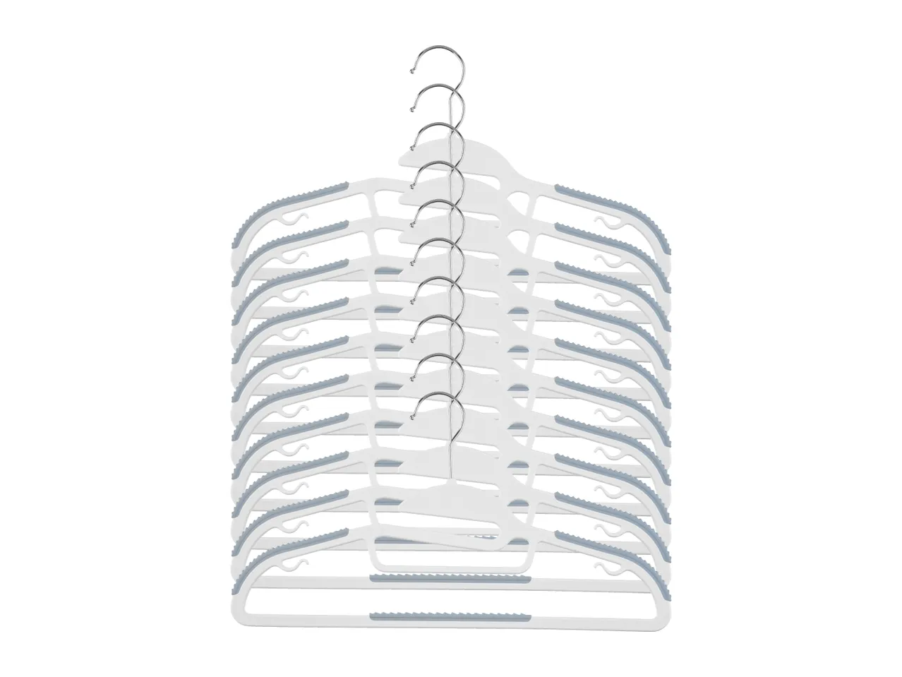 Ten white plastic clothes hangers with gray rubber grips hang from a metal hook.