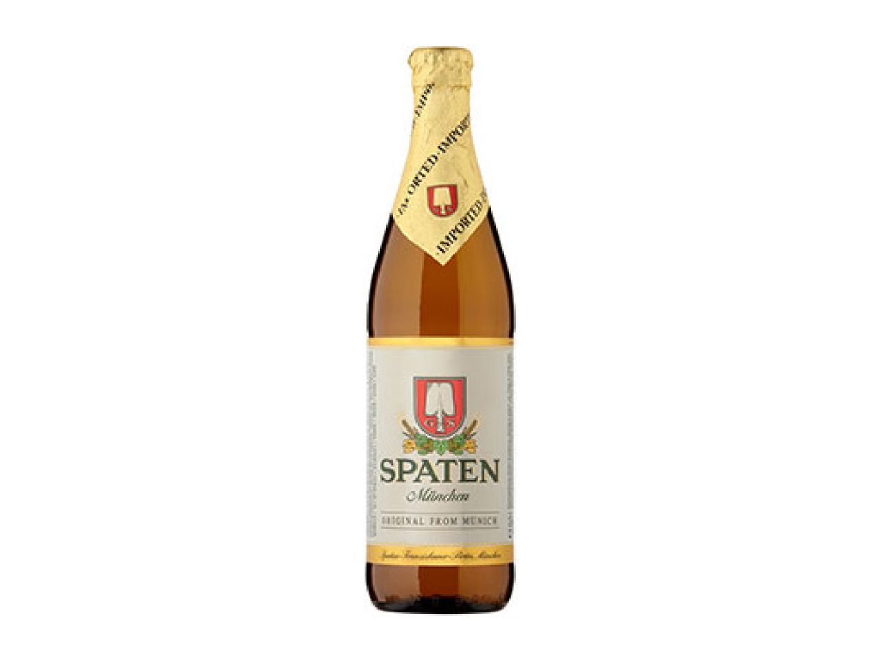A bottle of beer with a gold foil top and a white label featuring a red and white crest.