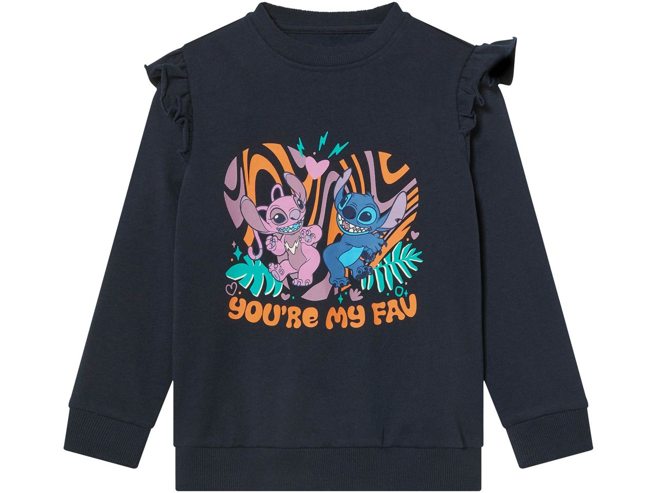 Dark blue sweatshirt with Stitch and Angel graphic and the text 'YOU'RE MY FAV'.