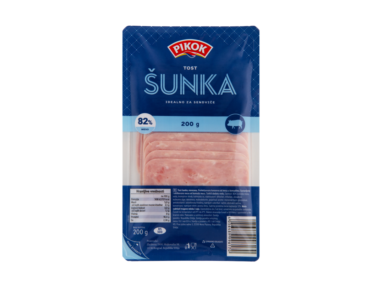 Pakovanje tost šunke od 200g sa 82% mesa, idealno za sendviče.