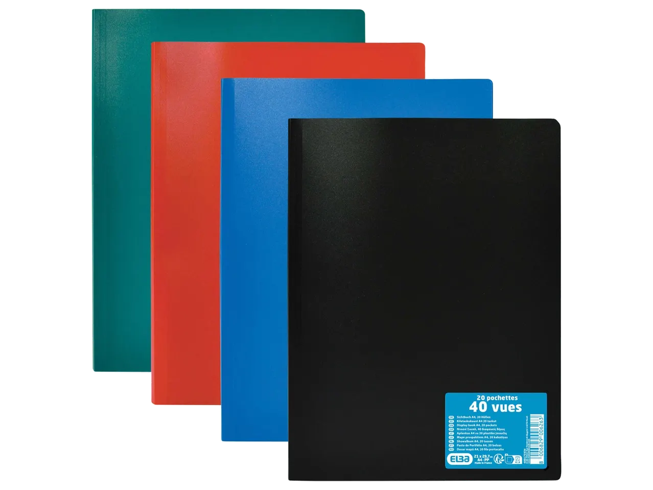 Quatre protège-documents de couleurs différentes (vert, rouge, bleu, noir) avec 20 pochettes.