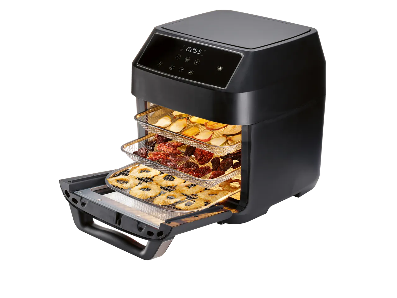 Air fryer de várias camadas para preparar frutas e carnes.