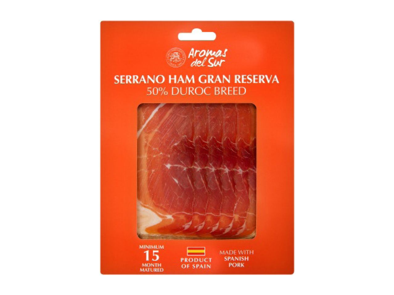 Pack of Serrano ham slices, 50% Duroc breed, minimum 15 months matured, product of Spain.