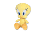 Ein gelbes Tweety Bird Plüschtier mit großen blauen Augen sitzt auf einem schwarzen Hintergrund.