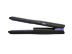 Hair straightener: black device with purple plates.