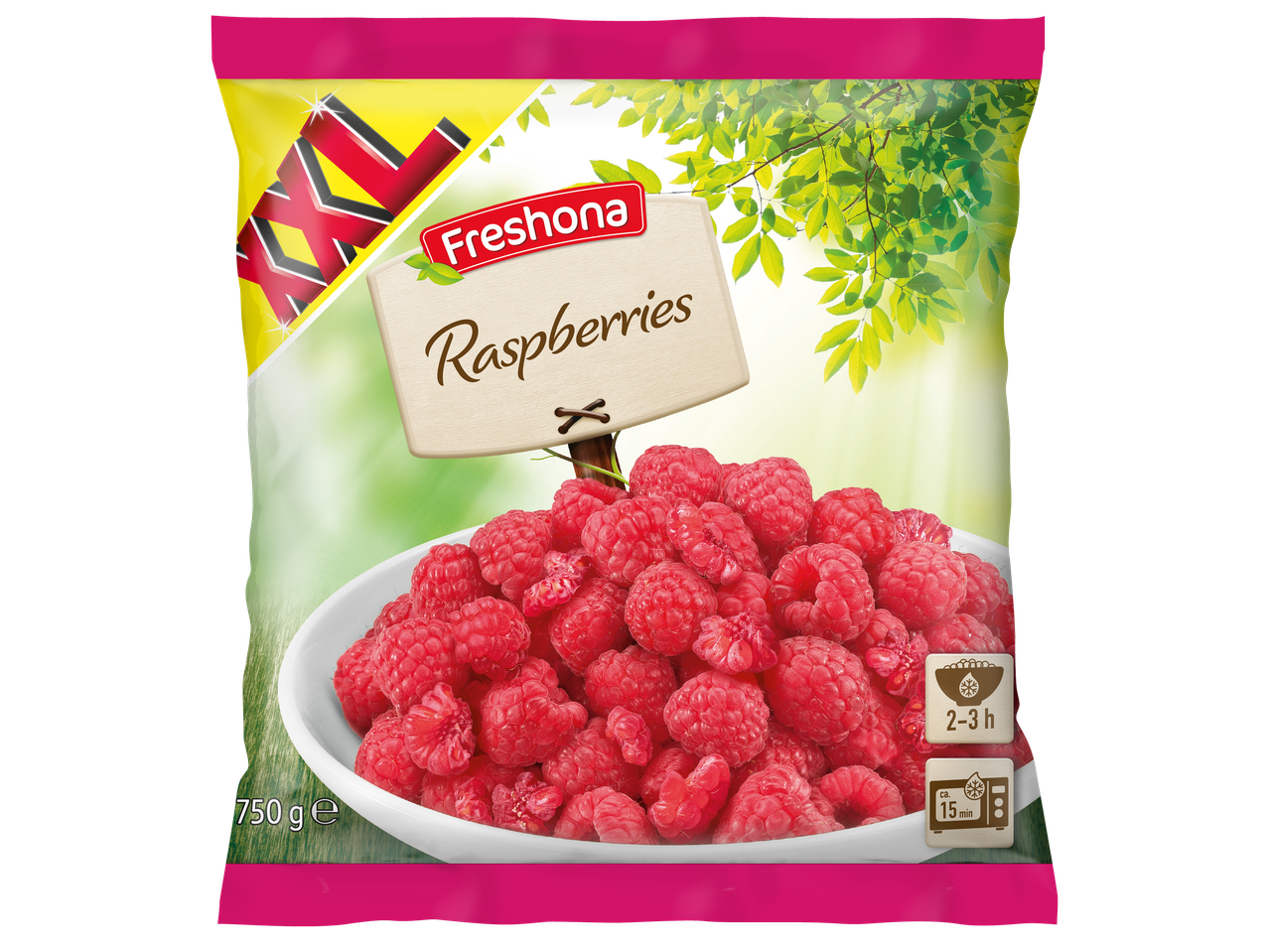 Пакет замразени малини с надпис „Малини“ и тегло 750 g.
