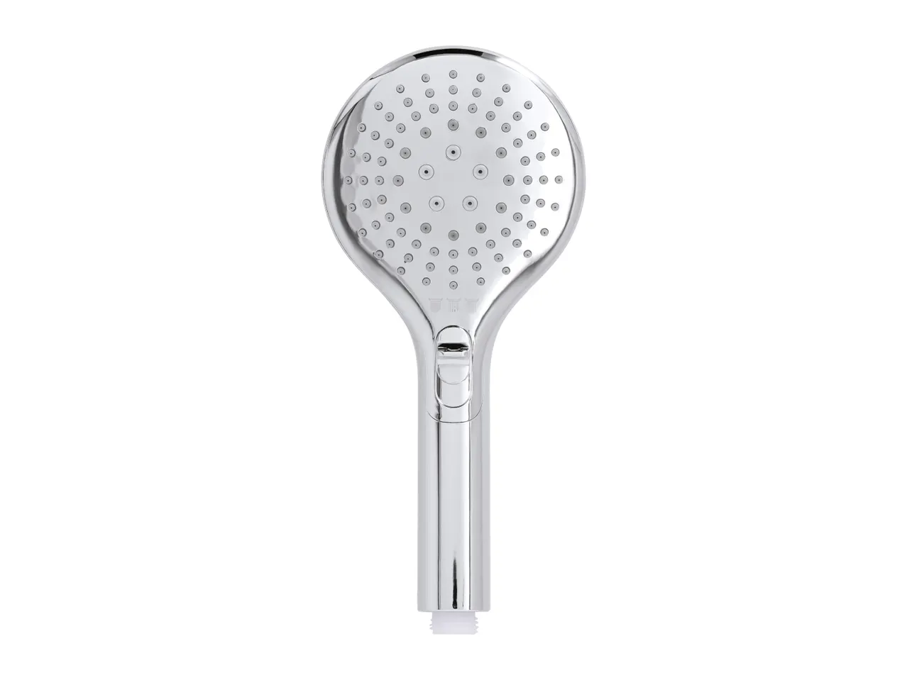 Chrome-plated handheld shower head with multiple spray settings on a white background.