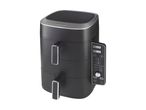 Black dual-basket air fryer with digital display showing temperature and time settings.