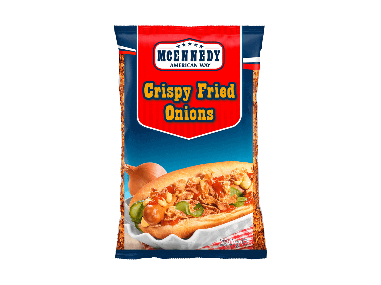 Emballage d'oignons frits croustillants, hot-dog et oignons