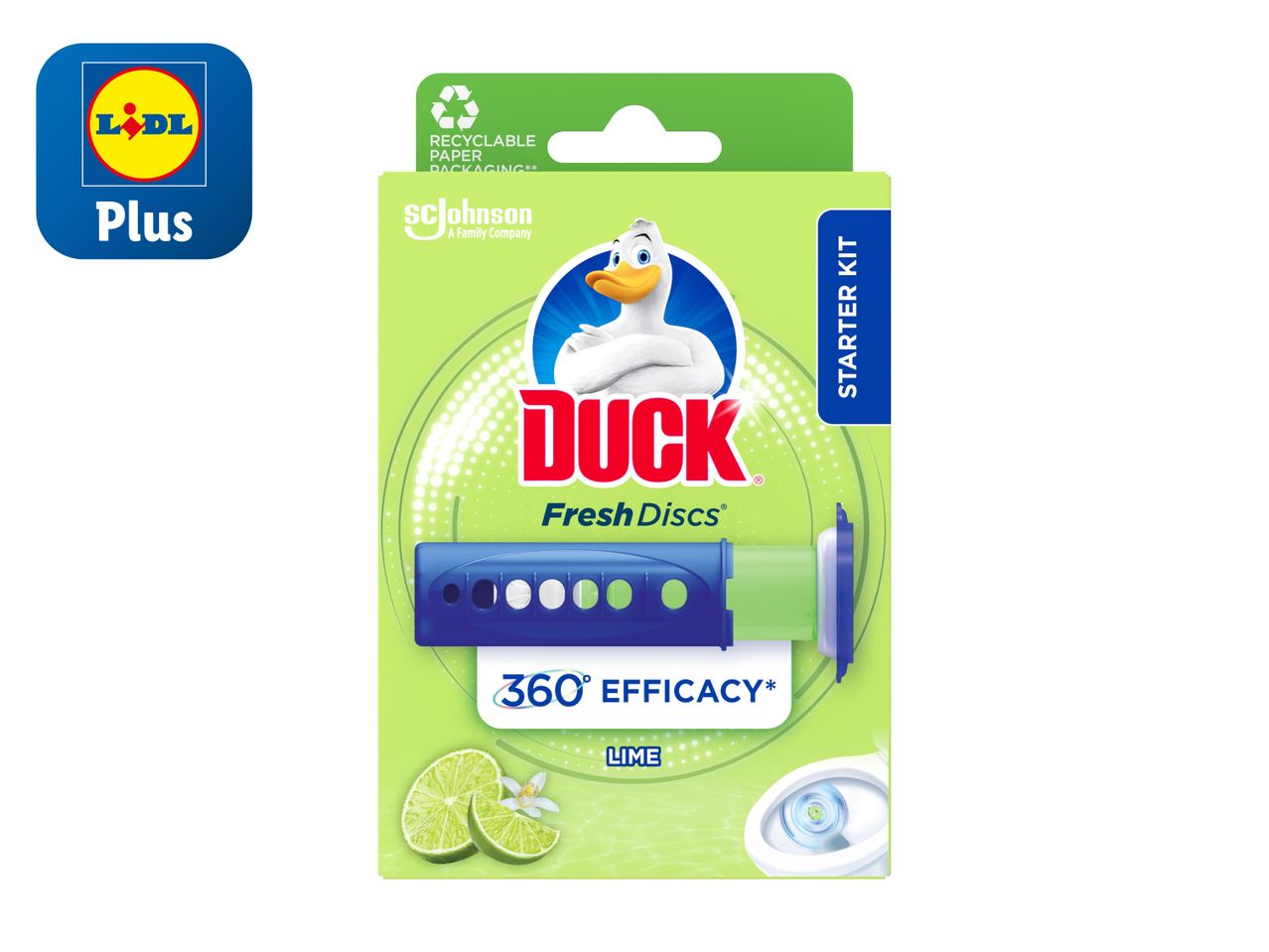 Lidl Plus offers Duck Fresh Discs toilet cleaner starter kit in lime scent.