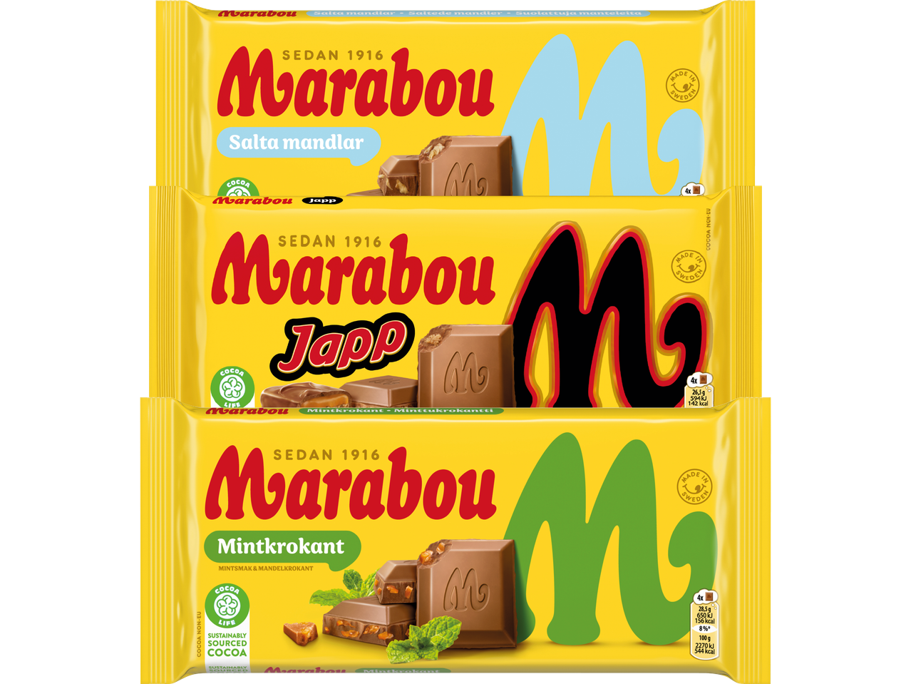 Marabou choklad: Saltade mandlar, Japp, Mintkrokant.