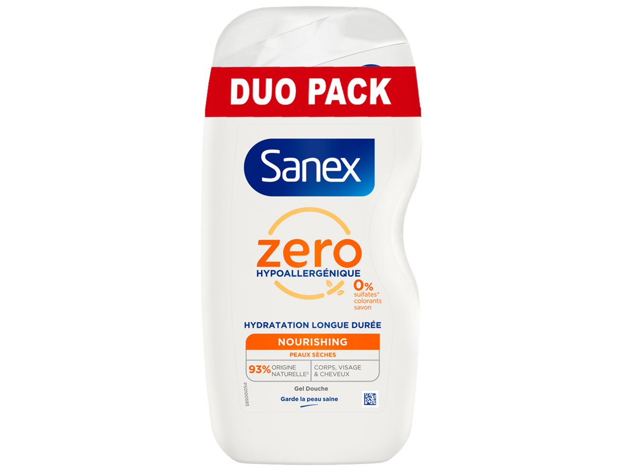 Pack duo de gel douche hydratant pour peaux sèches, hypoallergénique et sans sulfates.
