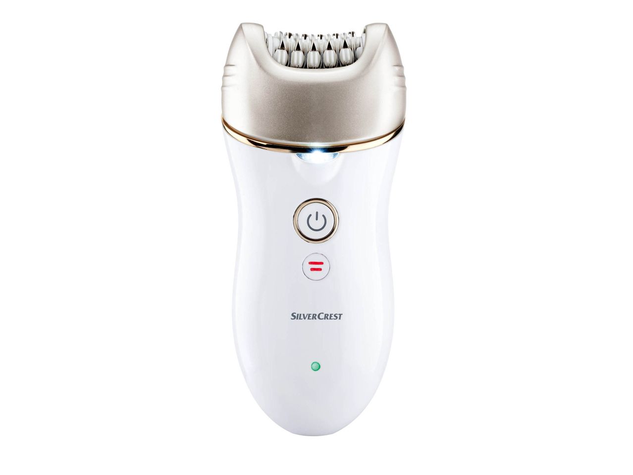 White and gold epilator with a power button and speed indicator.