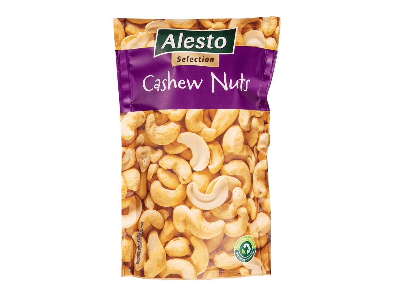 Pussi cashewpähkinöitä, jossa lukee 'Cashew Nuts' ja 'Selection' sekä kierrätyslogo.