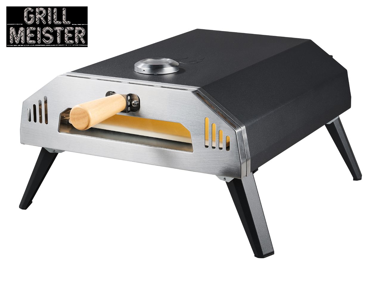 Black and silver pizza oven with a wooden handle, featuring the text 'GRILL MEISTER'.