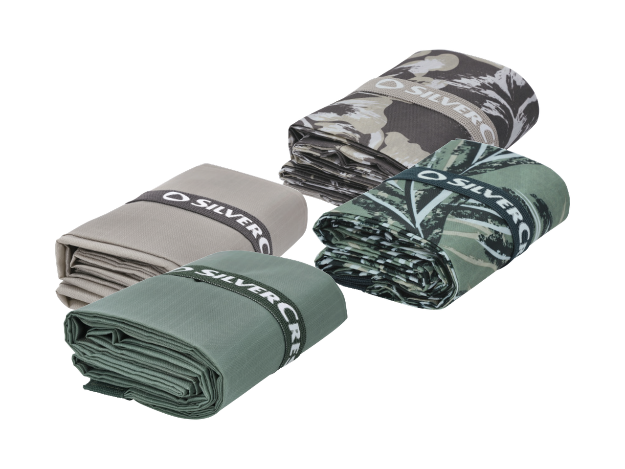 Četiri smotana ručnika za plažu u bež, zelenoj i maskirnoj boji.