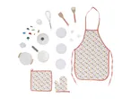 A children's kitchen play set with an apron, oven mitt, pot holder, pots, plates, utensils, and toy food.