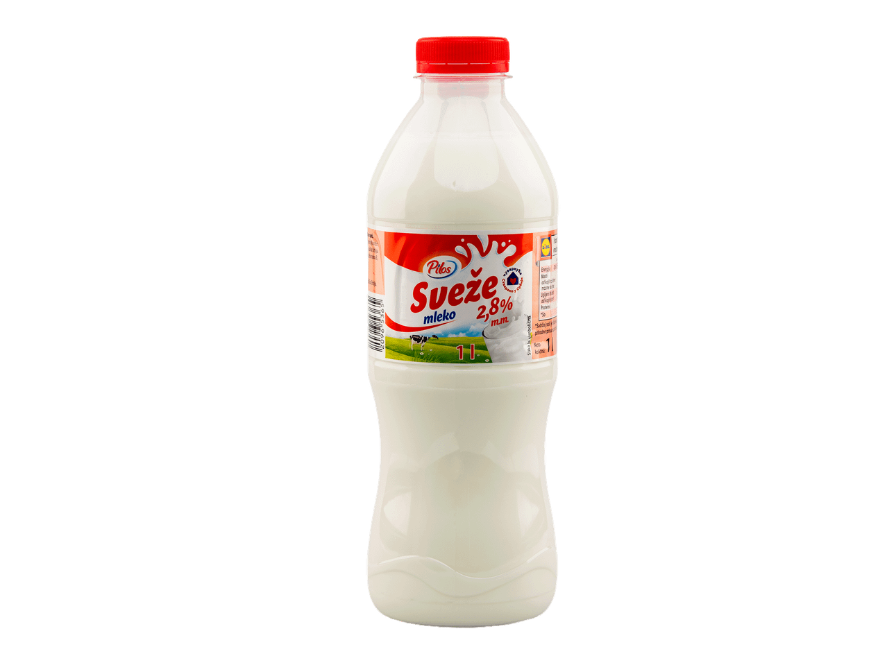 Boca svežeg mleka sa 2,8% mlečne masti i natpisom „Sveže mleko“.