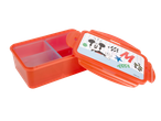 An open orange lunchbox with two compartments and a lid featuring a Mickey Mouse design.