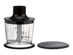 Hand blender chopper attachment with a transparent bowl, blade, and lid