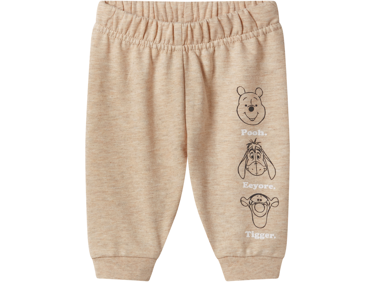 Pantaloni de trening bej pentru bebeluși cu imprimeuri Pooh, Eeyore și Tigger.