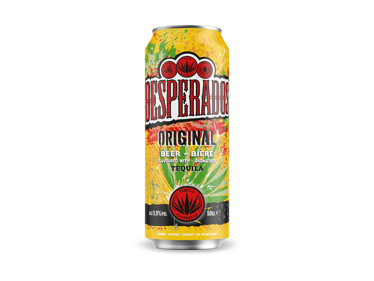 Een geel blikje bier met tequila-smaak, met de tekst 'Original Beer - Biere Flavoured with Tequila'.