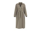 Beige trench coat with a tie belt, double-breasted buttons, and shoulder epaulets.