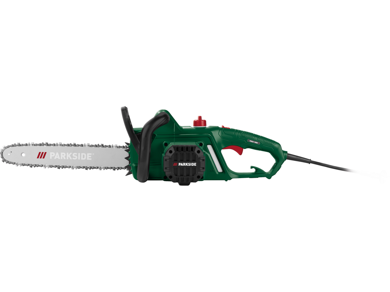 Zaļš elektriskais motorzāģis ar melnām un sarkanām detaļām