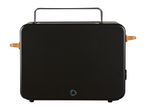 Black toaster with wooden handles and a metal rack, isolated on a white background.