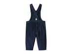 Dark blue velvet baby overalls with criss-cross straps on the back