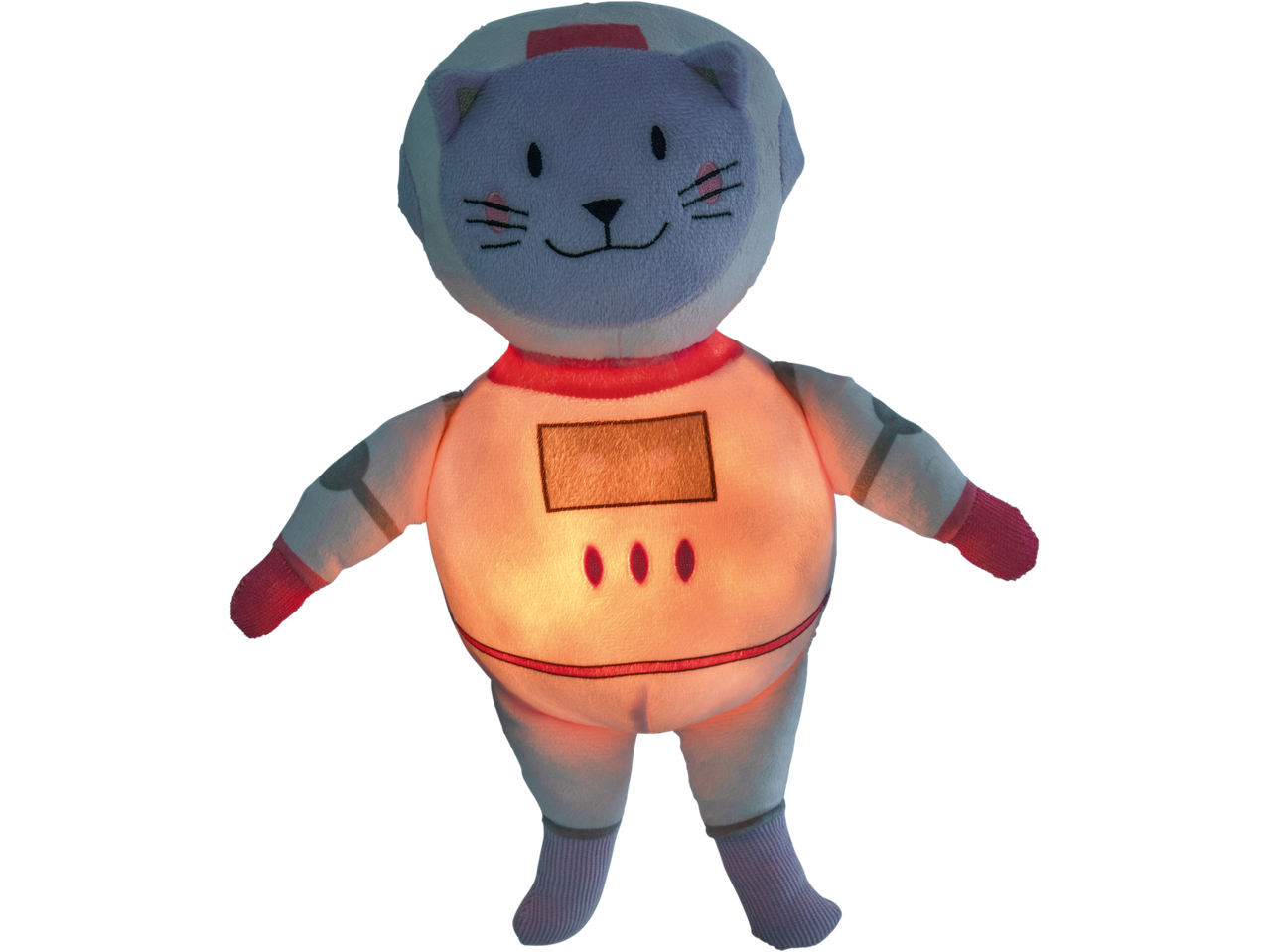 Mielas astronautą katinėlis pliušinis žaislas su oranžine šviesa viduje.