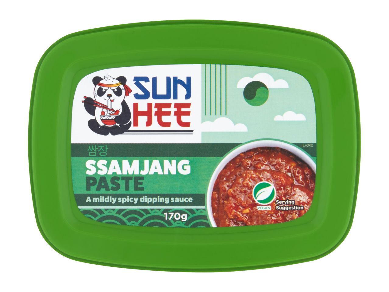 Green tub of Ssamjang paste with a panda logo, labeled as a mildly spicy dipping sauce, 170g, vegan.