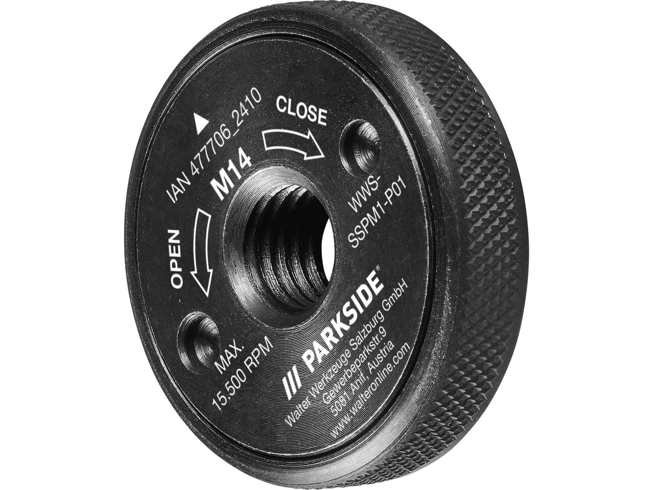 A Parksid M14 collet chuck with specifications and instructions.