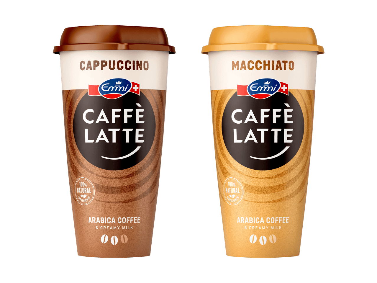 Becher mit Eiskaffee in den Sorten Cappuccino und Macchiato mit cremiger Milch.
