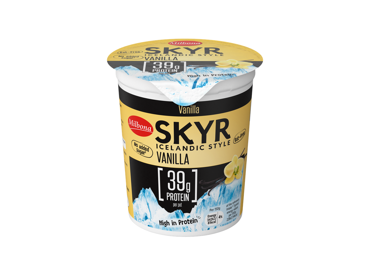 Vanilla Icelandic style skyr yogurt, fat-free, no added sugar, with 39g protein per pot.